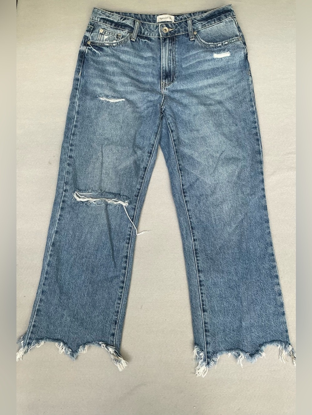 Special A Distressed High Waisted Wide Leg Blue Denim Jeans Raw Frayed Hem Sz 5